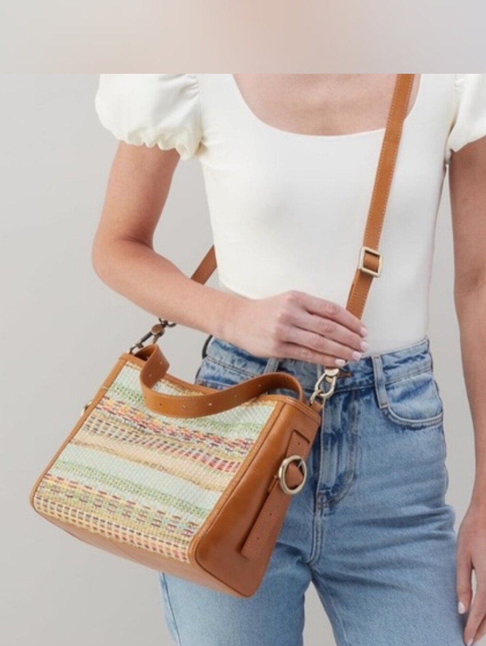 Hobo Woven Straw & Tan Leather Crossbody Bag - Neutral